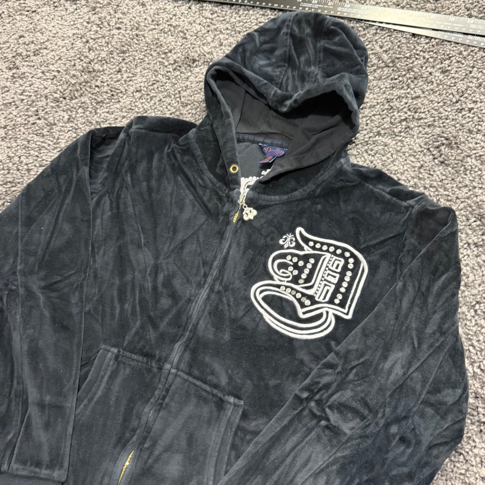 Y2K Dereon Velour Zip Up Hoodie Womens Black Excellent Embroidered Crest 2XL